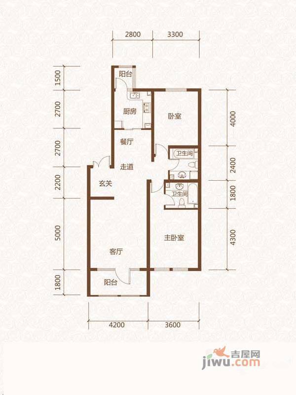 群力玫瑰湾2室2厅2卫126.8㎡户型图