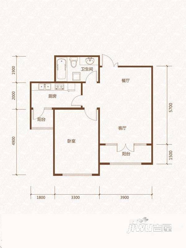 群力玫瑰湾1室2厅2卫78.6㎡户型图