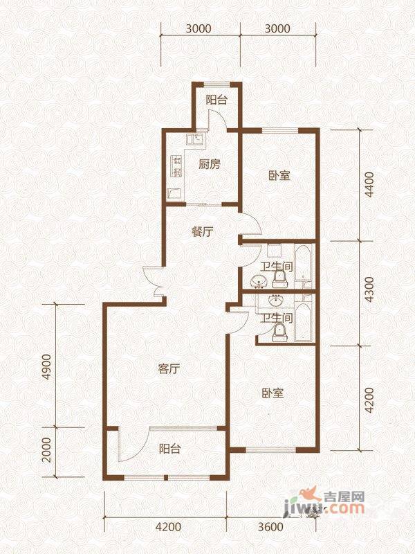 群力玫瑰湾2室2厅2卫74.5㎡户型图