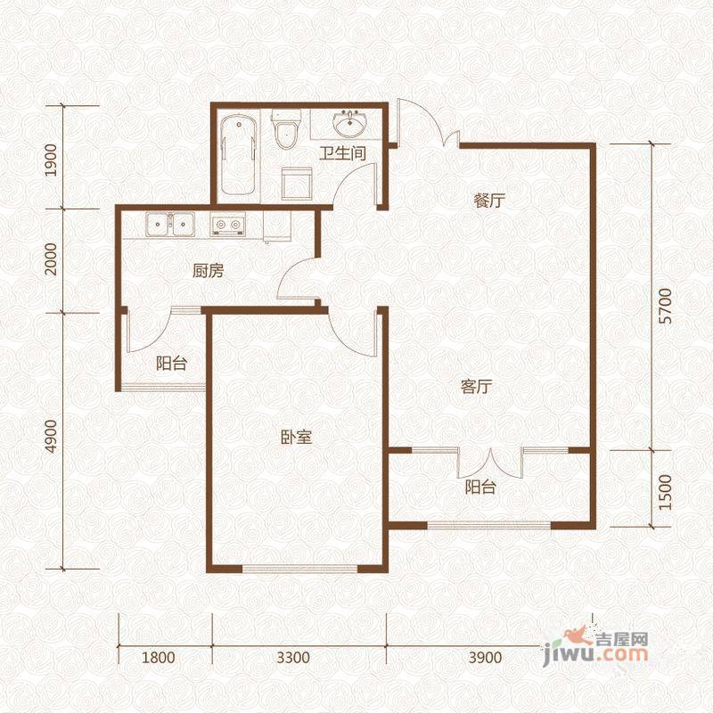 群力玫瑰湾1室2厅1卫48.8㎡户型图