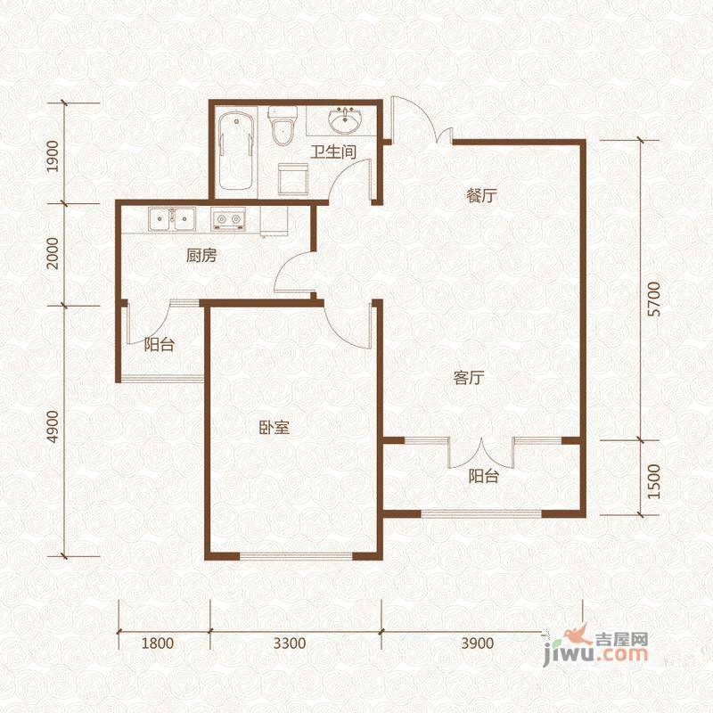 群力玫瑰湾1室2厅1卫48.5㎡户型图