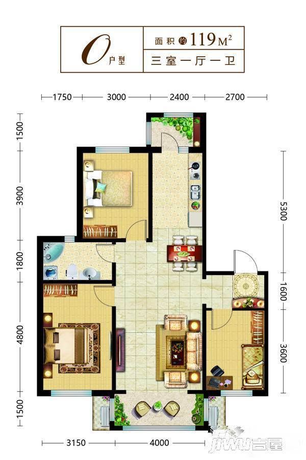 海富臻园3室1厅1卫119㎡户型图