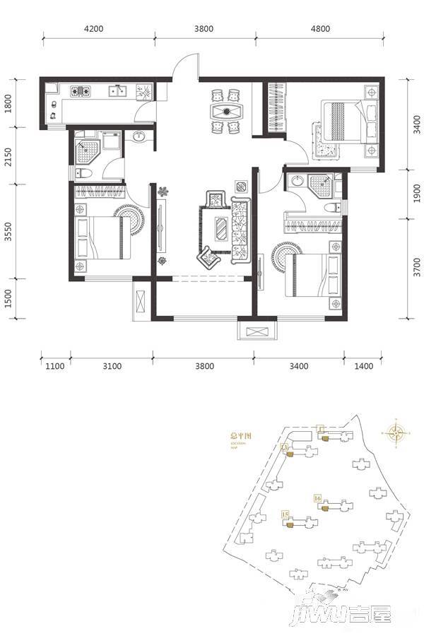 中海文昌公馆3室2厅2卫123㎡户型图