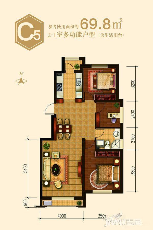 汇龙十九街区3室2厅1卫103.2㎡户型图