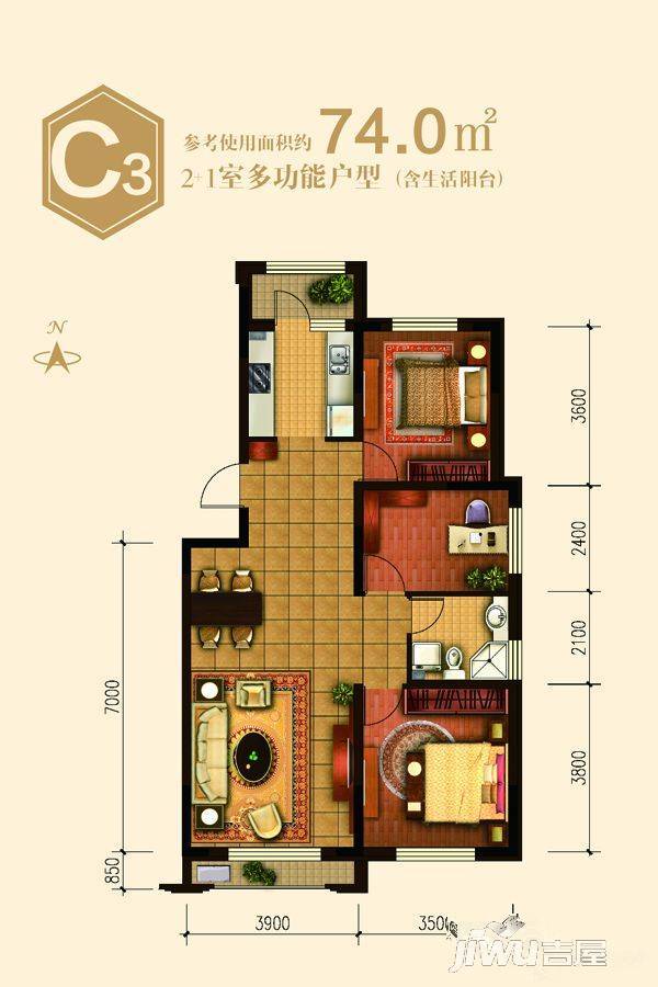 汇龙十九街区3室2厅1卫108.7㎡户型图