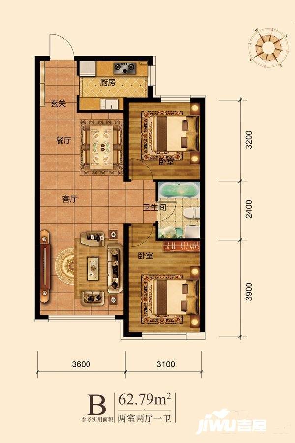 西雅图水岸2室2厅1卫100.5㎡户型图