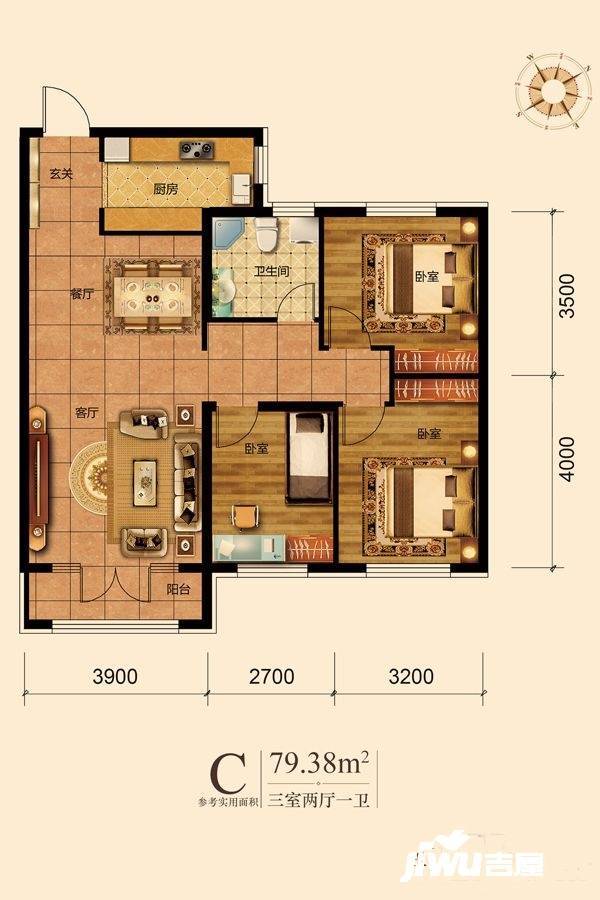 西雅图水岸3室2厅1卫127㎡户型图