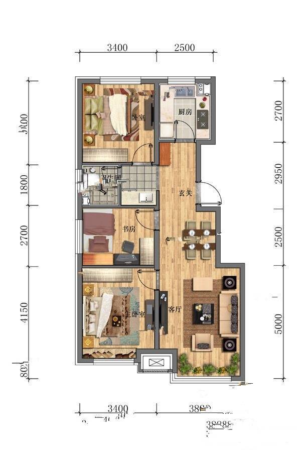 万科城市之光3室1厅1卫98㎡户型图