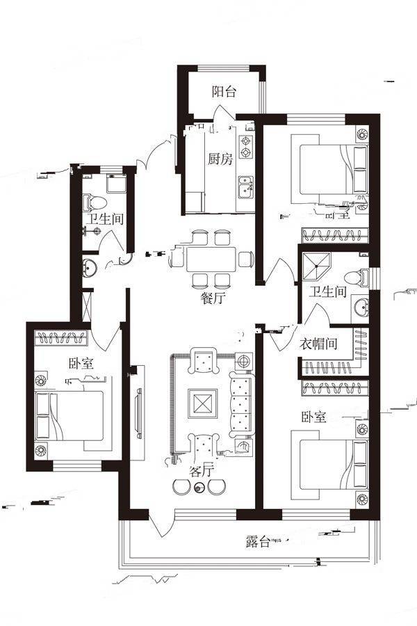 松北凤栖湖2室2厅2卫142㎡户型图