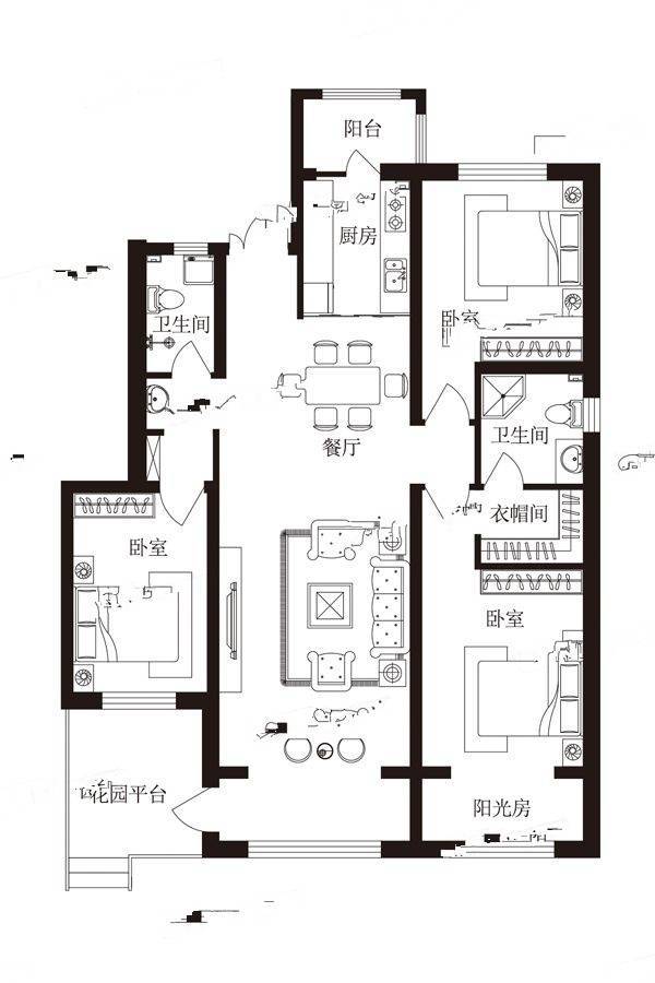 松北凤栖湖2室2厅2卫153㎡户型图