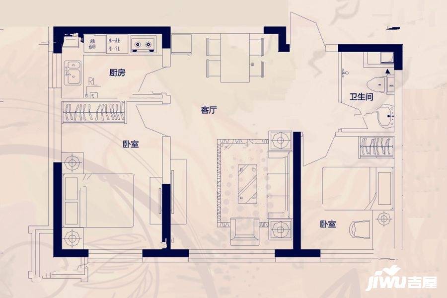 恒大雅苑2室2厅1卫75.3㎡户型图