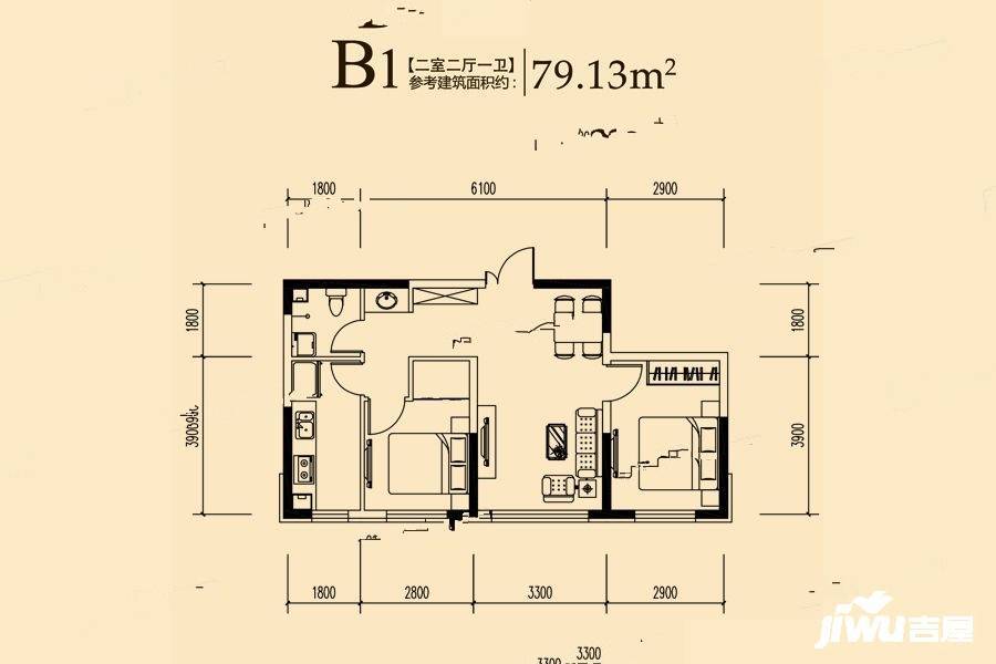 爱达晶品2室2厅1卫79.1㎡户型图