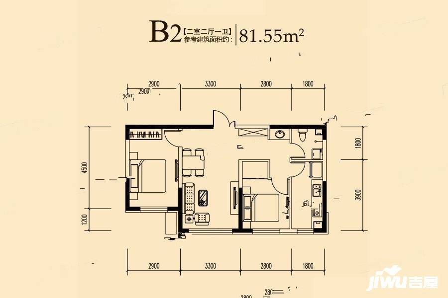 爱达晶品2室2厅1卫81.5㎡户型图