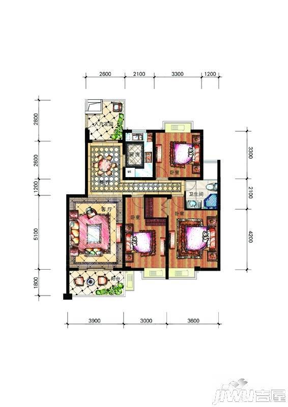 君盛桃源3室2厅1卫114.3㎡户型图