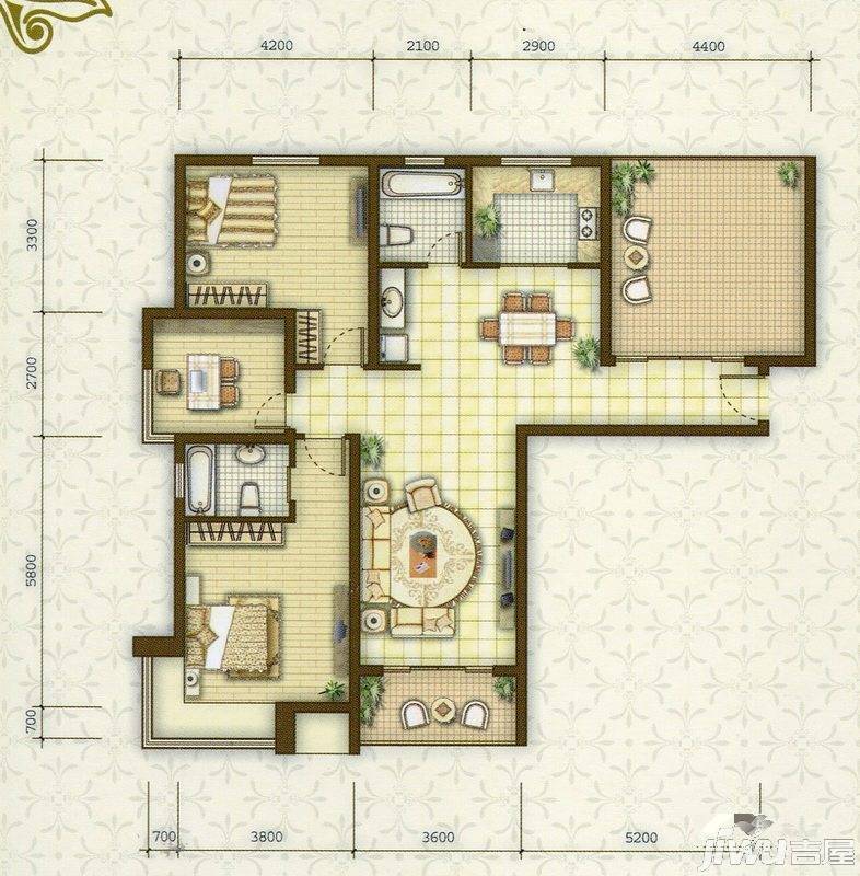 世代华府3室2厅2卫128.3㎡户型图