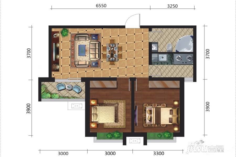 新元绿洲三期2室2厅1卫90.7㎡户型图