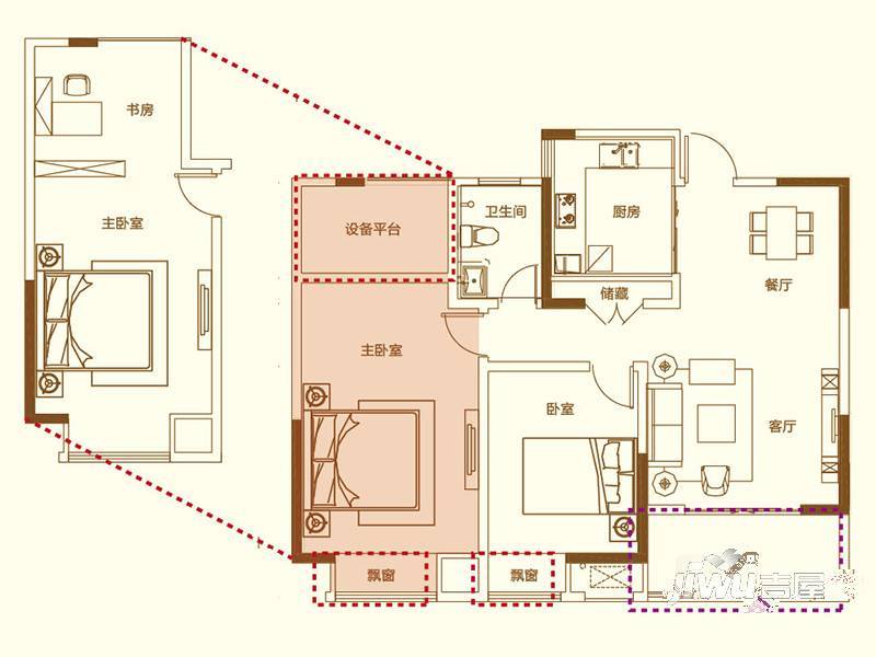宝能城市广场3室2厅1卫104.5㎡户型图
