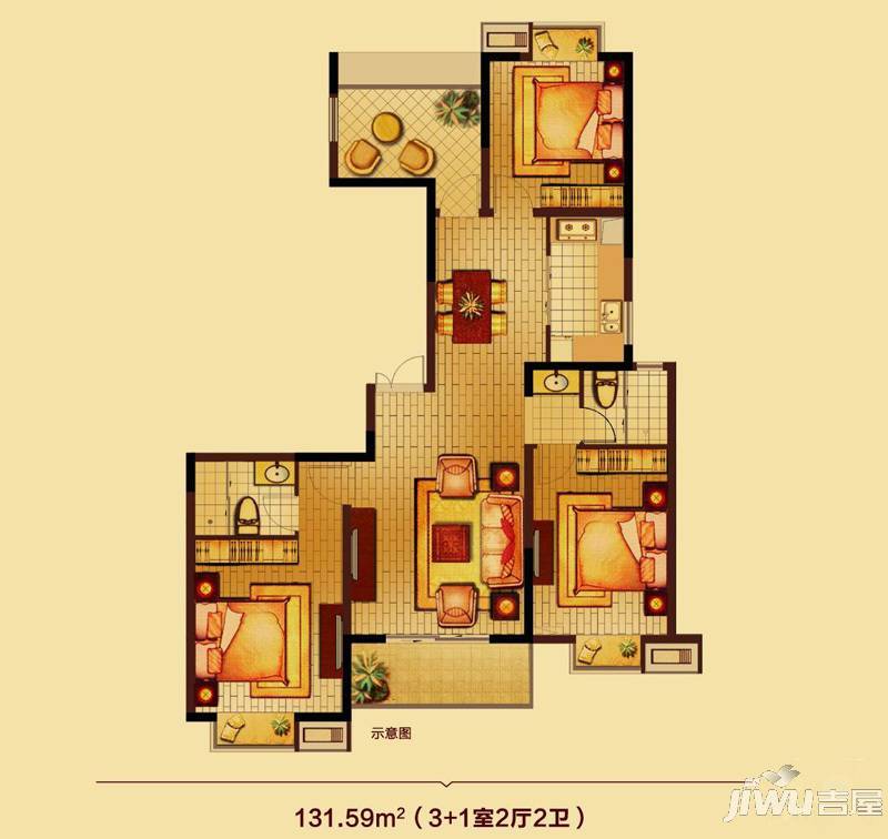 锦艺国际华都3室2厅2卫131.6㎡户型图