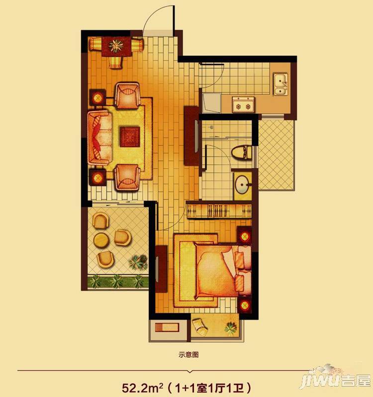 锦艺国际华都1室1厅1卫52.2㎡户型图