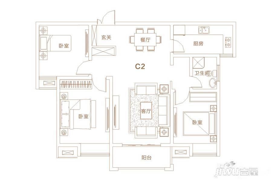 伟业巴黎印象3室2厅1卫109.9㎡户型图