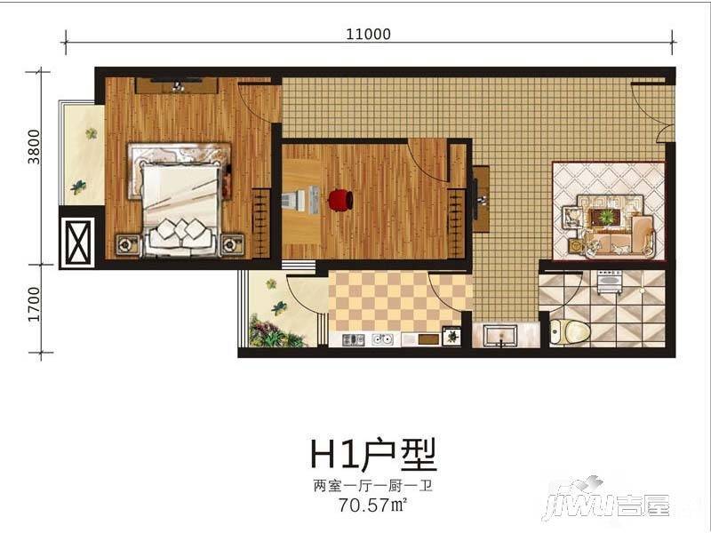 东方骏景2室1厅1卫70.6㎡户型图