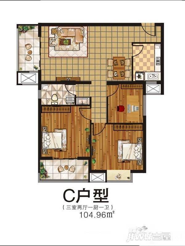 东方骏景3室2厅1卫105㎡户型图