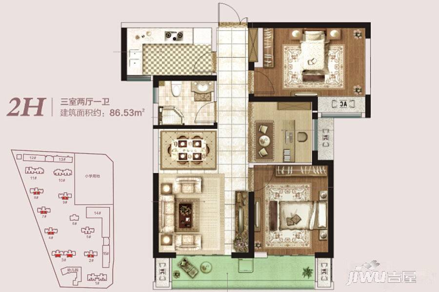 永威城3室2厅1卫86.5㎡户型图