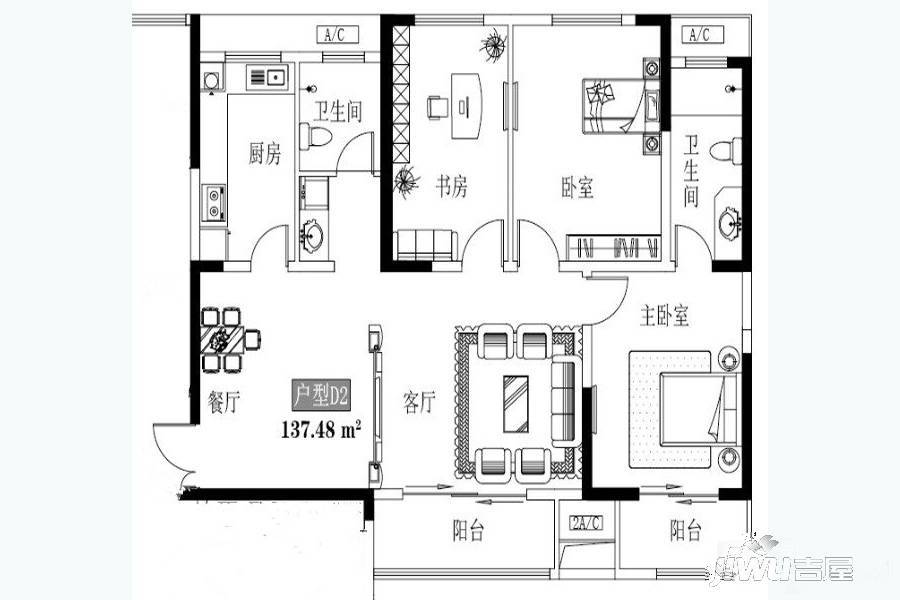 郑州益田假日世界3室2厅2卫137.5㎡户型图