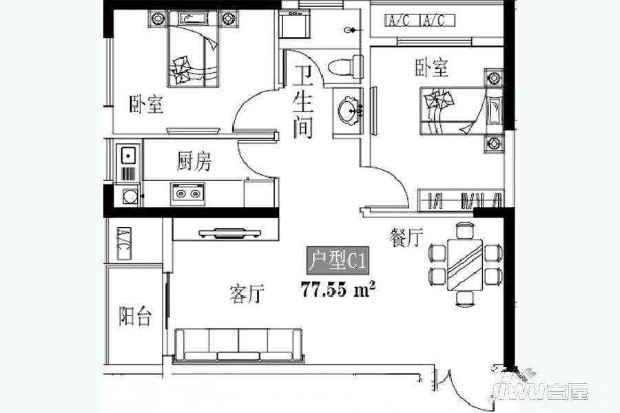 郑州益田假日世界2室2厅1卫77.5㎡户型图