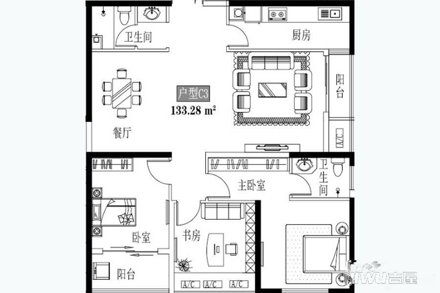 郑州益田假日世界3室2厅2卫133.3㎡户型图