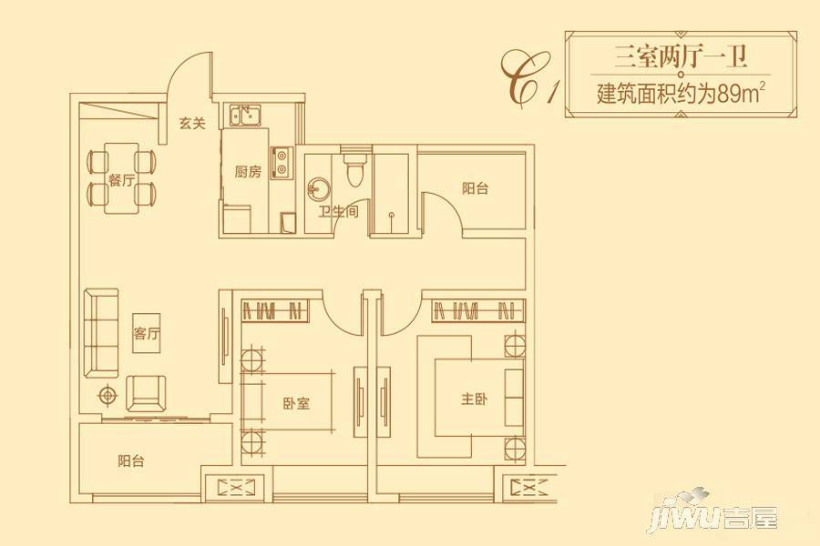 法兰原著3室2厅1卫89㎡户型图