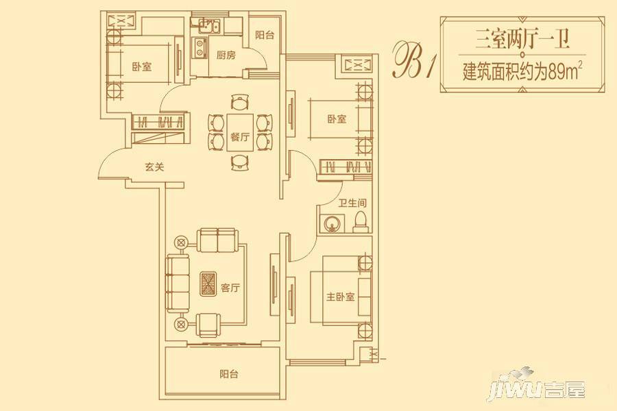 法兰原著3室2厅1卫89㎡户型图