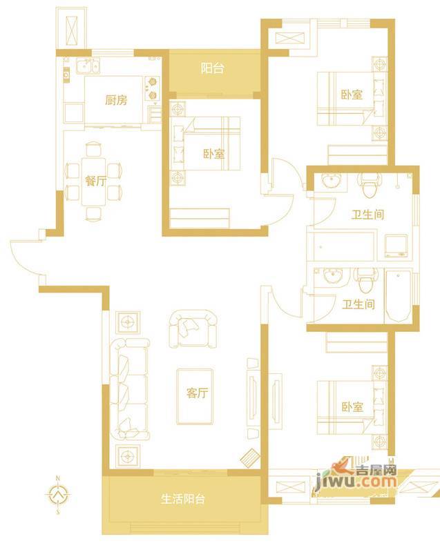 康桥金域上郡3室2厅2卫134㎡户型图