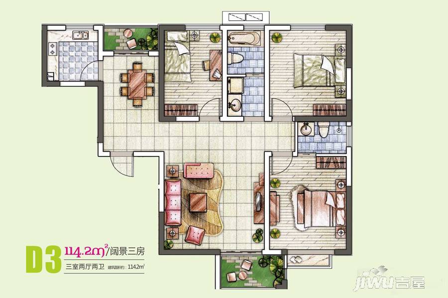 润府3室2厅2卫114.2㎡户型图