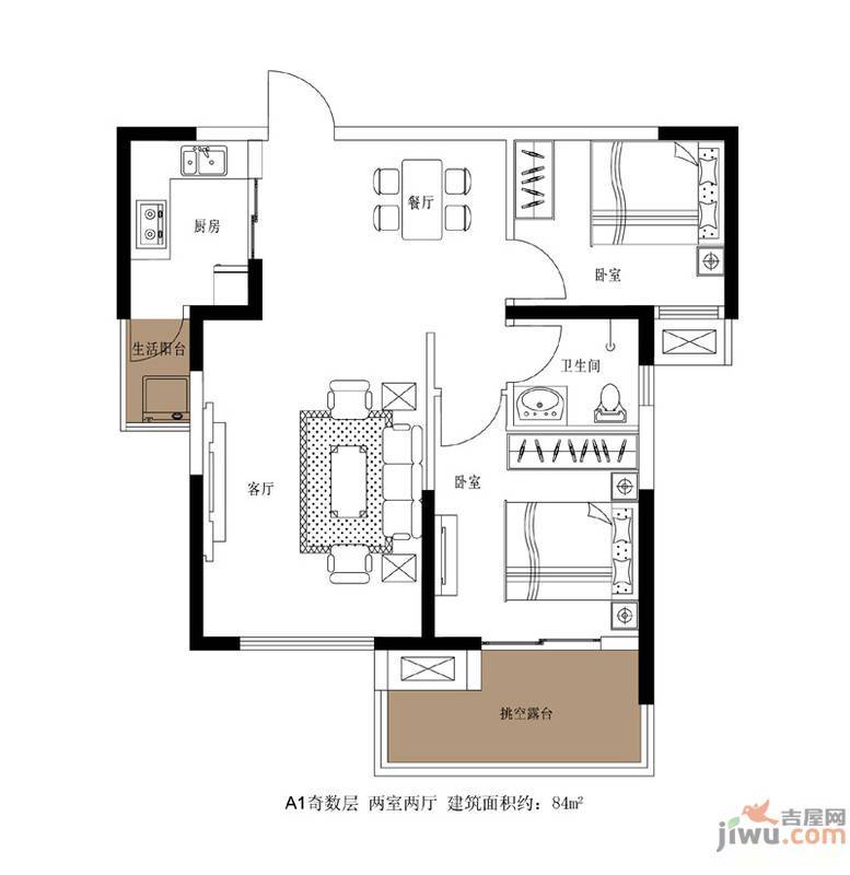 英地天骄华庭2室2厅1卫84㎡户型图