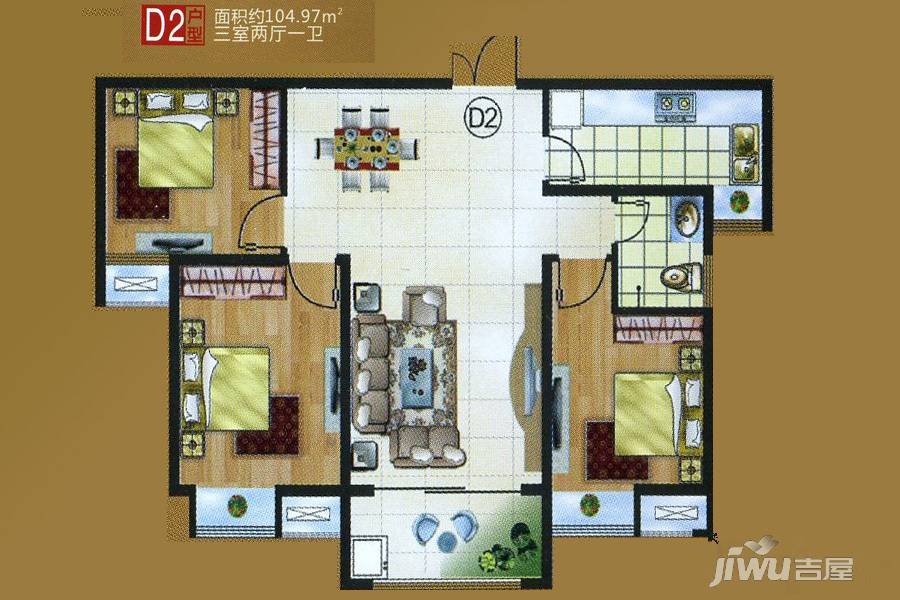 海天国际3室2厅1卫105㎡户型图