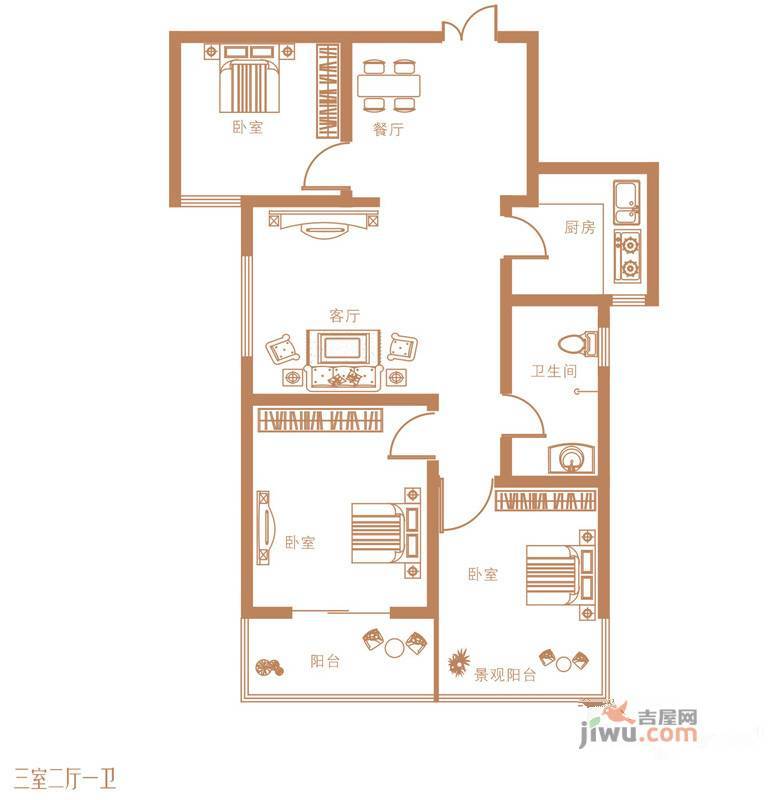 金蓝湾3室2厅1卫96㎡户型图