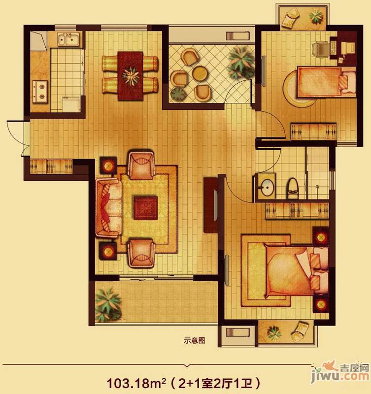 锦艺国际华都2室1厅1卫103.2㎡户型图