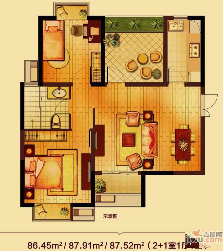 锦艺国际华都2室1厅1卫86.5㎡户型图