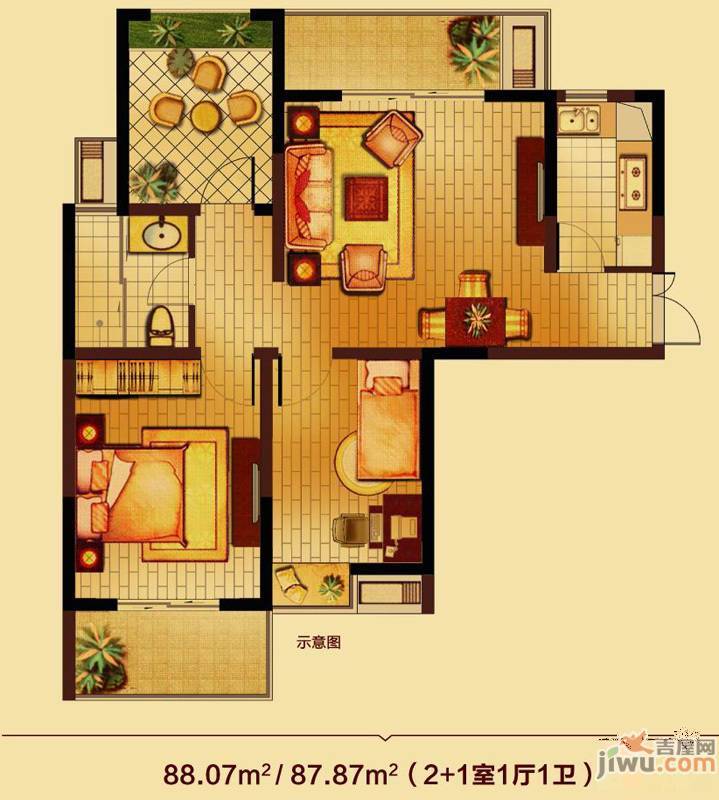 锦艺国际华都2室1厅1卫88.1㎡户型图