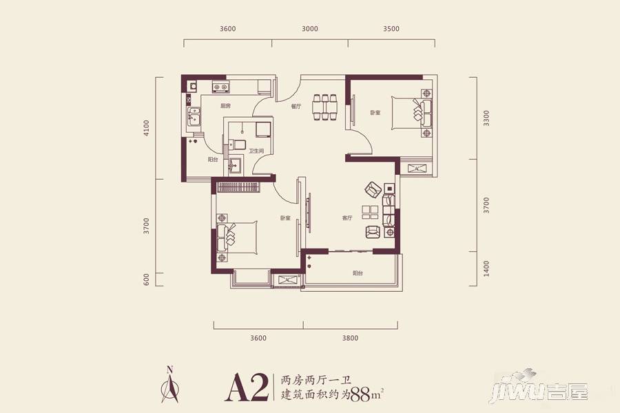 广电天韵2室2厅1卫88㎡户型图