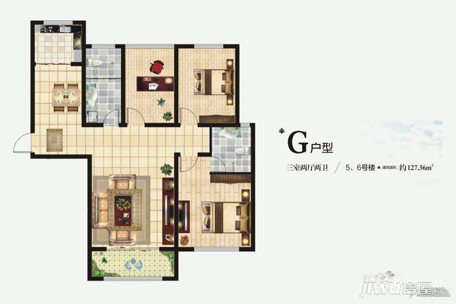 宾悦龙城3室2厅2卫127.4㎡户型图