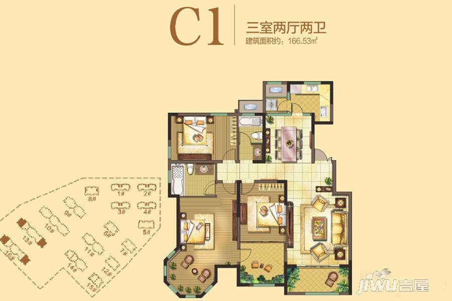 法兰原著3室2厅2卫158.7㎡户型图