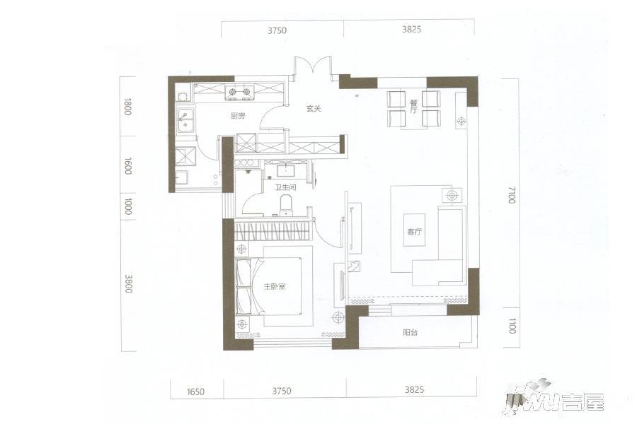 建业天筑1室2厅1卫88㎡户型图