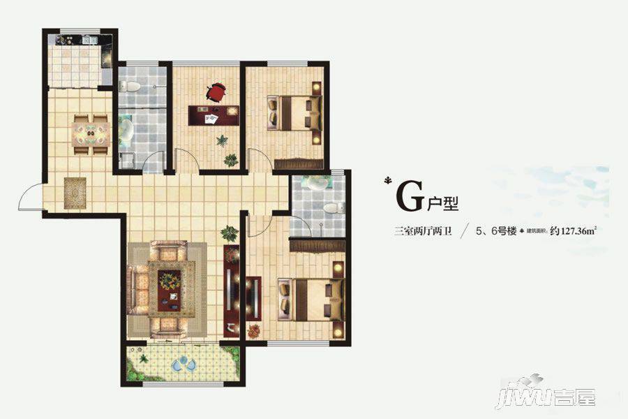 宾悦龙城3室2厅2卫127.4㎡户型图