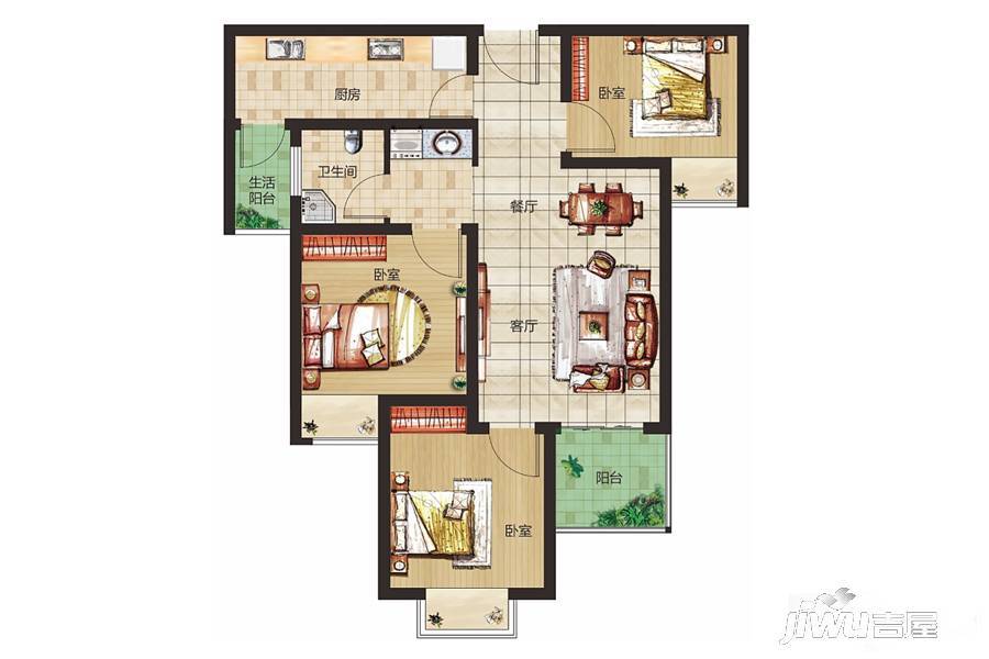 五建新街坊3室2厅1卫89.9㎡户型图