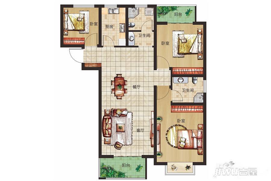 五建新街坊3室2厅2卫129㎡户型图