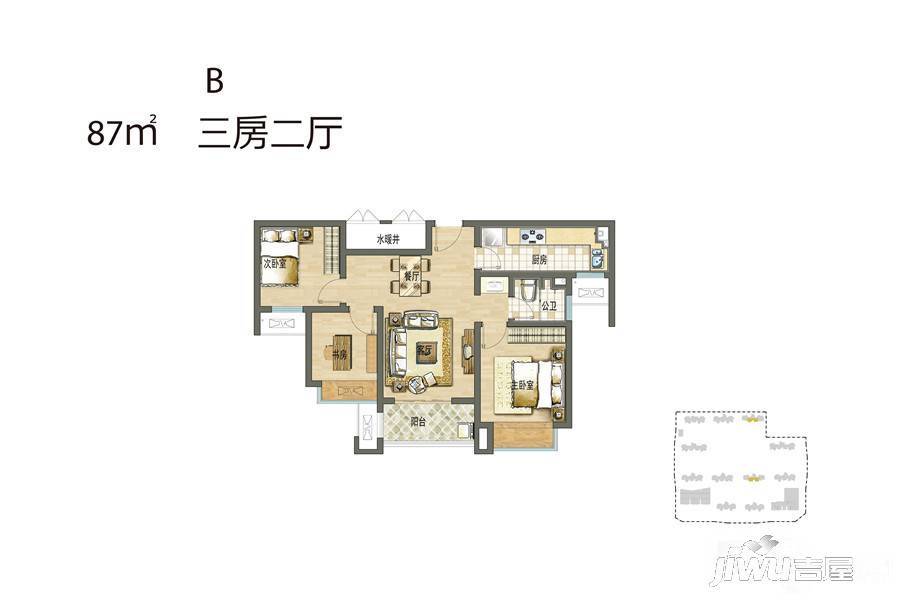 万科大都会都会天际3室2厅1卫87㎡户型图