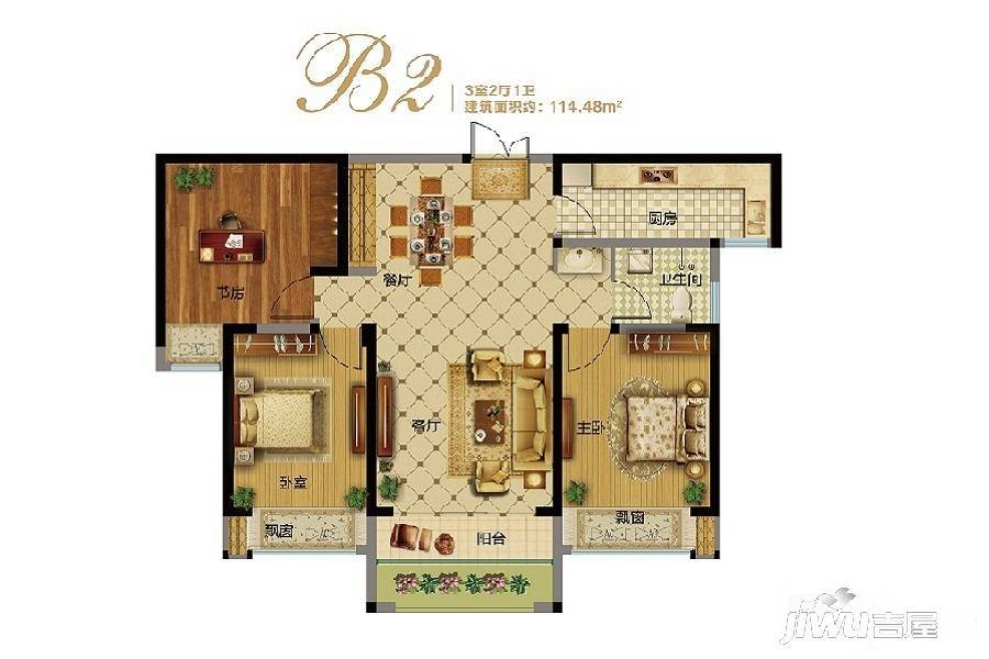 中建观湖国际3室2厅1卫114.5㎡户型图