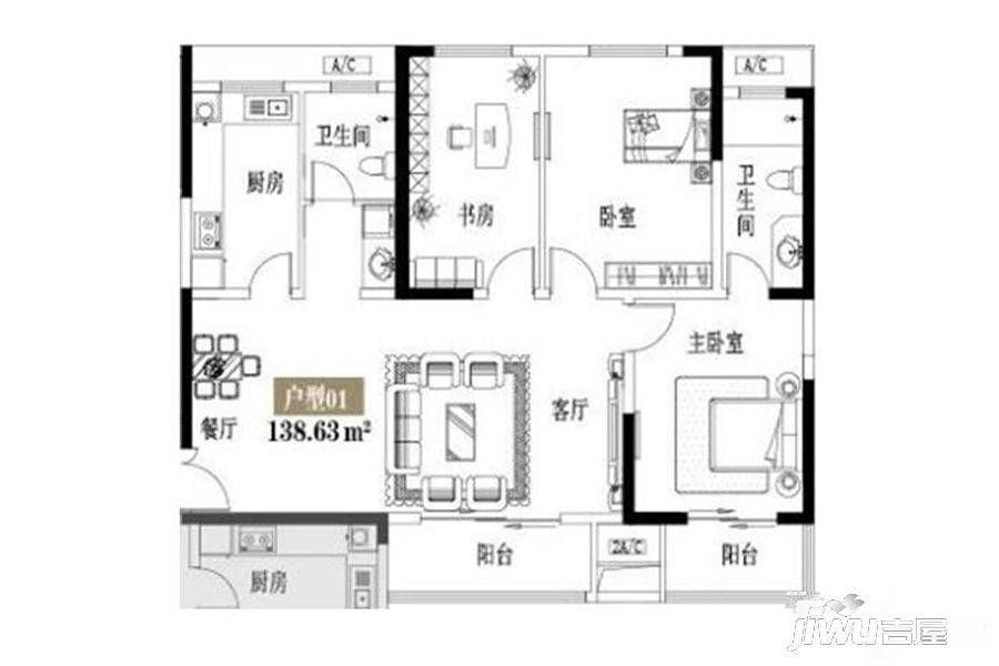 郑州益田假日世界3室2厅2卫138.6㎡户型图